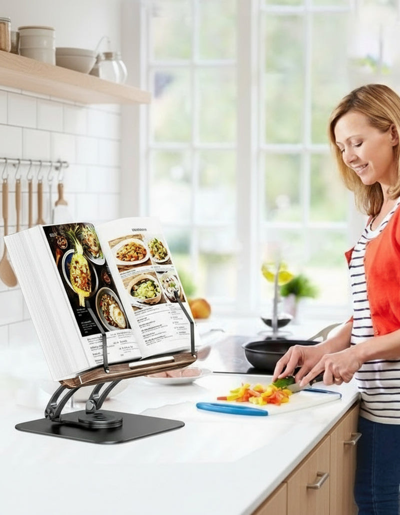 Adjustable 360 Swivel Base Foldable Portable Book Holder & Cookbook Stand Page Clips for Tablet\/Office\/Textbook (Walnut Color)
